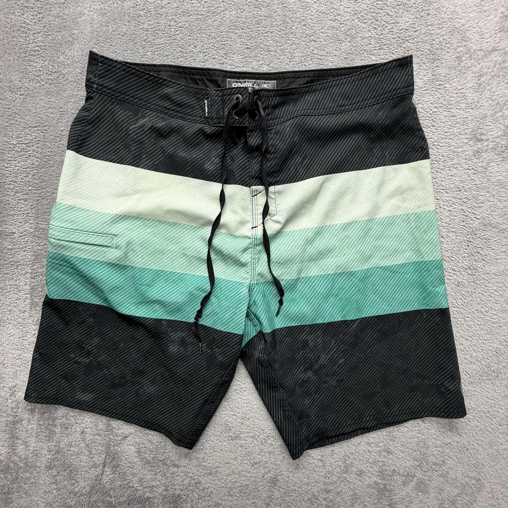 O'Neill Hyperfreak Board Shorts Mens 33 Green Black Striped Swim Trunks